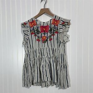 THML Embroidered Striped Peplum Top Medium Blue White Boho Festival Tassel